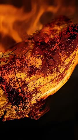 Vertical Video of Patterned Sheet Burning into Glowing Embers, Curling Char and Sparks
