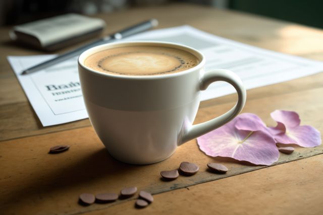 Cup of coffee on wooden table with paperwork and flower petals, creating a relaxing work environment. Ideal for use in articles about work-life balance, coffee breaks, relaxation tips, or home office setups.