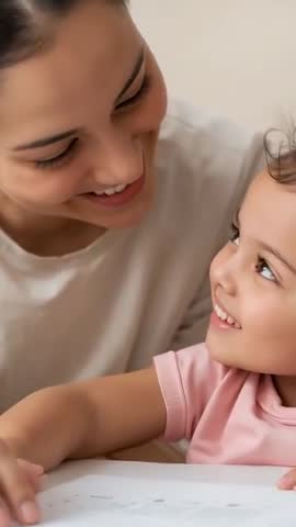 Vertical video: Mother guiding daughter with worksheet, smiling closeup bonding