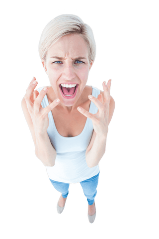 Transparent Upset Woman Yelling with Hands Raised in White Tank Top