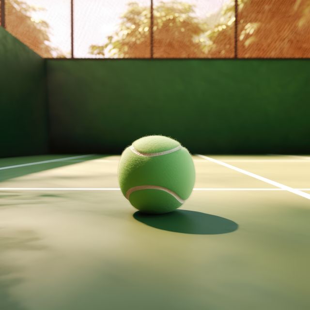 Close up of green tennis ball with shadow on tennis court created using generative ai technology. Tennis and sport concept digitally generated image.