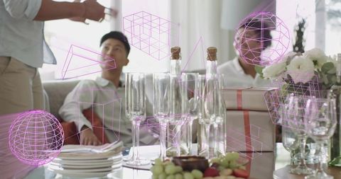 Augmented reality party table with champagne flutes, wrapped gifts and floral bouquet