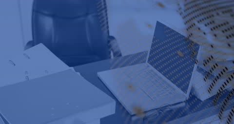 Office Desk with Digital Data Processing Overlay