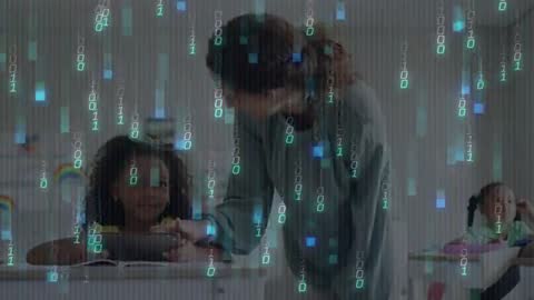 Teacher Guides Student Amidst Binary Code in Modern Classroom