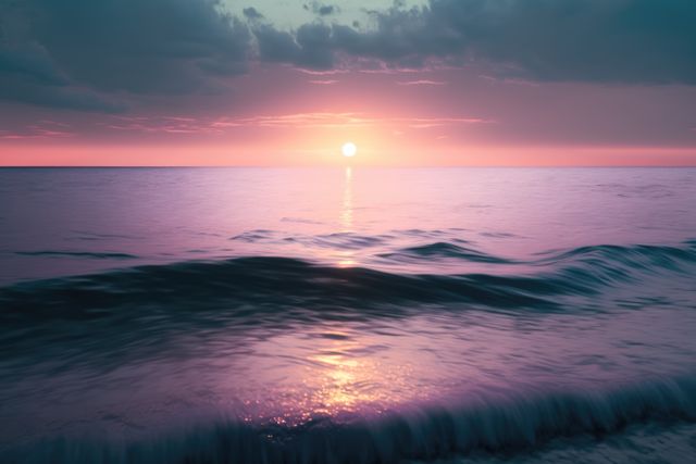 Scenery with sun setting over ocean, created using generative ai technology. Sun, ocean and sky scenery, weather and beauty in nature concept digitally generated image.