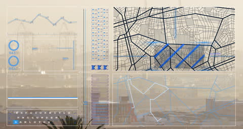 This features a sleek, futuristic digital interface displaying data processing elements and network maps. Elements such as diagrams, charts, and network outlines create a tech-forward aesthetic, perfect for illustrating themes of global connectivity, advanced data analytics, and modern technology solutions. Ideal for use in presentations on tech innovations, software development, or global network infrastructure.