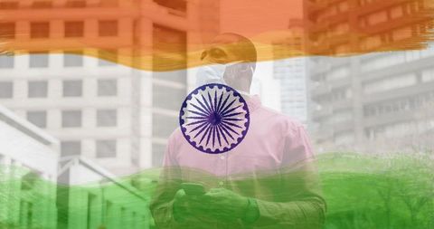 Man Wearing Face Mask Overlaid with Indian Flag Reflecting Healthcare Awareness