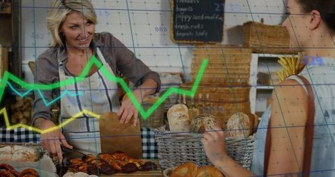 Bakery Attendant Serving Artisan Pastries with Data Overlay