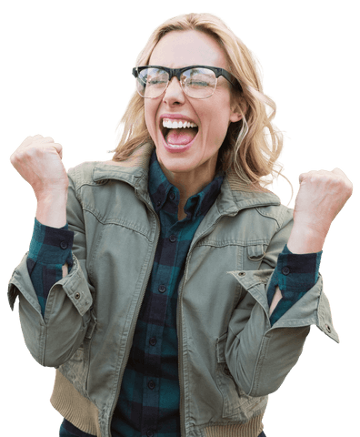 Cheerful Caucasian Woman Celebrating with Transparent Background