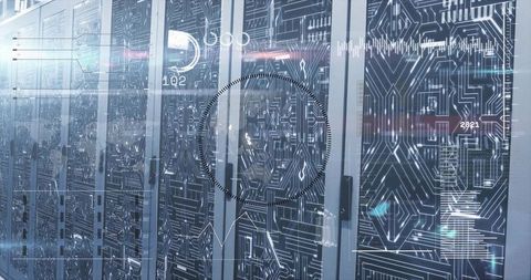 Glowing server racks displaying holographic HUD overlays in futuristic data center aisle