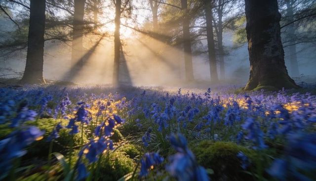 Sunbeams piercing mist over bluebell carpet in ancient forest at dawn, backlit dew glow