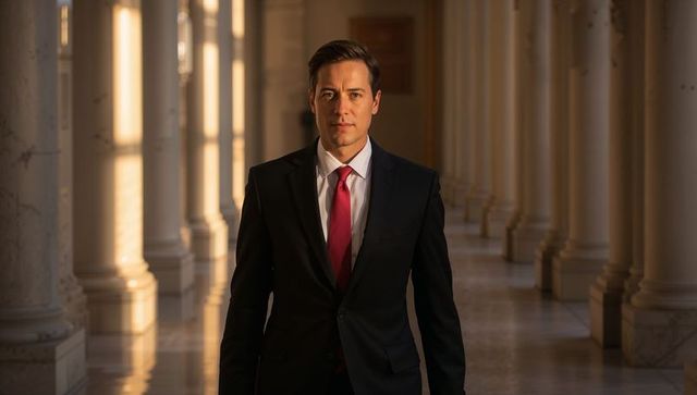 Confident businessman walking through neoclassical marble corridor at golden hour