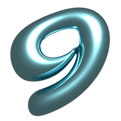 Transparent teal metallic loop floating with ribbon knots and teardrop hole, 3d render