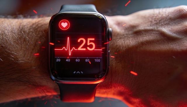 Smartwatch displaying red ecg waveform and low heart rate 25 on wrist in dramatic studio lighting