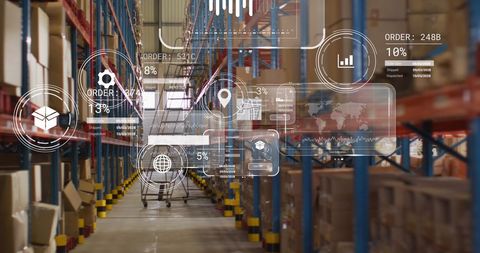 Smart warehouse technology with data graphics overlays