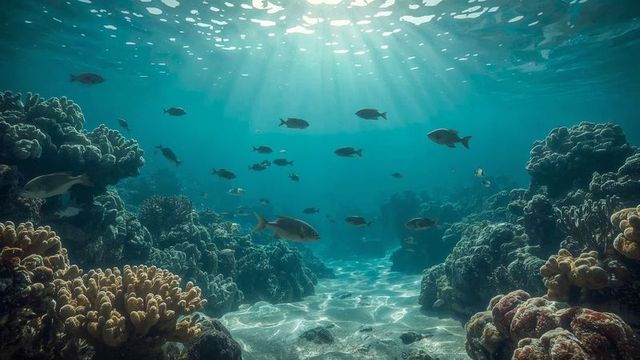 Vibrant Coral Reef Ecosystem with School of Fish and Sunbeams