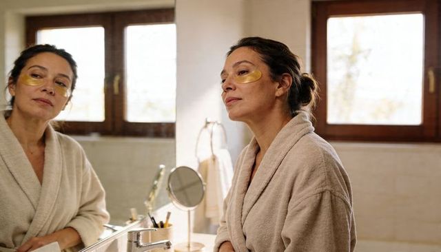 Hispanic woman wearing robe checking gold under-eye gel patches at bright bathroom vanity