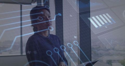 Businesswoman Engaging with Futuristic Digital Interface Held Overseeing City