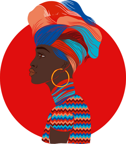 Profile of woman in colorful headwrap on red circle with transparent background