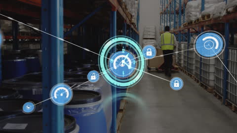 Warehouse Worker Using Pallet Jack with Digital Tech Overlay