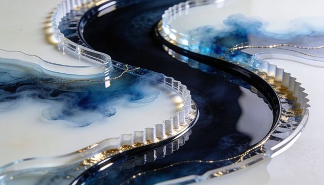 Handcrafted navy blue resin serving trays with scalloped clear rims and gold leaf accents