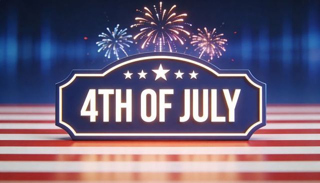 Glowing 4th of july marquee sign with fireworks and american flag striped reflection
