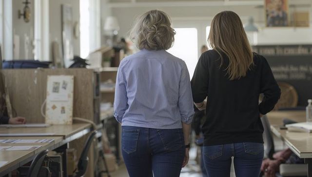 Two women walking through open-plan creative studio aisle, collaborating in coworking workspace