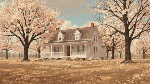 Charming cottage amidst blossoming orchard trees