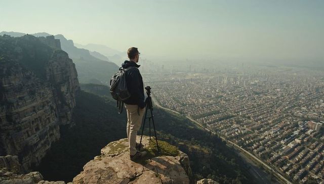 Standing hiker surveying hazy cityscape from cliff edge with tripod and backpack