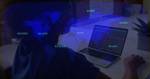 Woman Analyzing Global Data on Laptop with Blue World Map Overlay