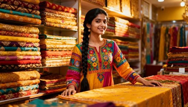 Smiling shop assistant in colorful kurta displaying embroidered sarees in vibrant fabric boutique