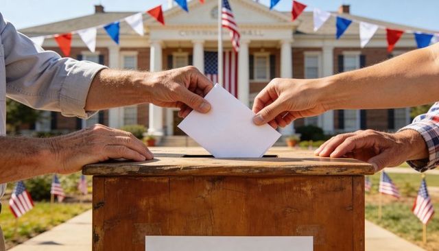 Hands placing ballot envelope into wooden ballot box at town hall, american flags and bunting