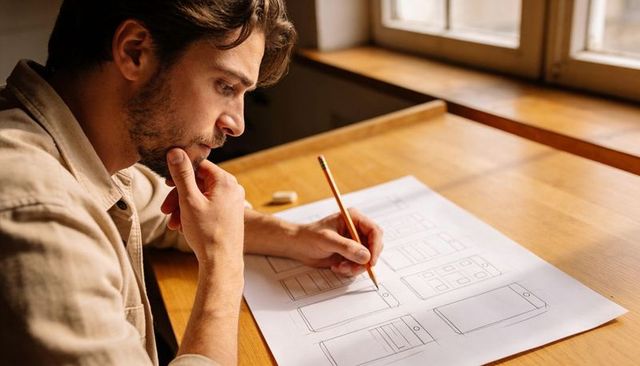 Male designer sketching mobile app wireframes on paper at sunlit wooden desk for ux