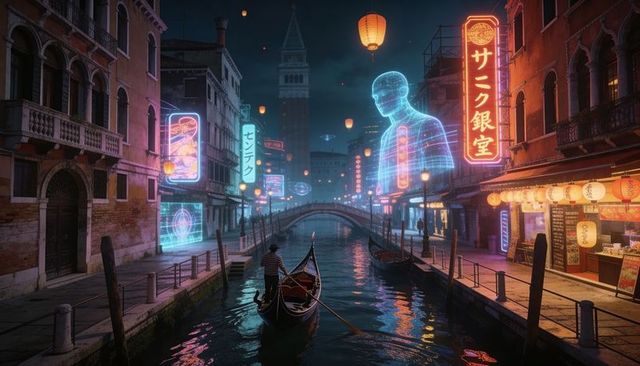 Cyberpunk venice night: gondolier rowing through neon holograms and lantern-lit canal