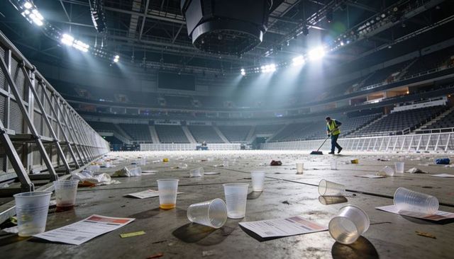 Custodian sweeping empty arena floor after concert, scattered plastic cups and trash