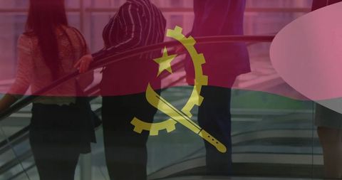 Professionals on Escalator with Angola Flag Overlay in Corporate Atrium