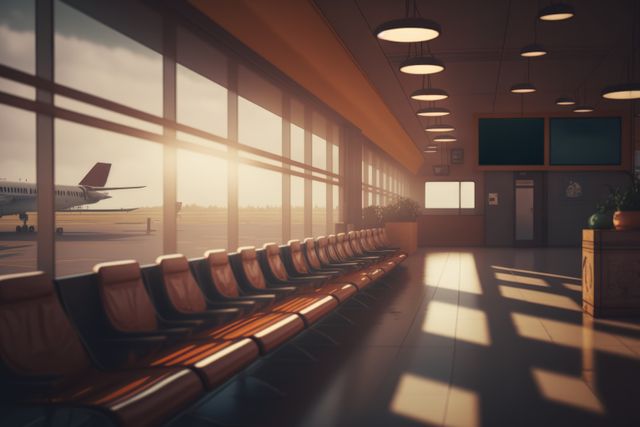 Airport with seats, screens, lamps and plane outside window created using generative ai technology. Airport, transport and travel concept digitally generated image.