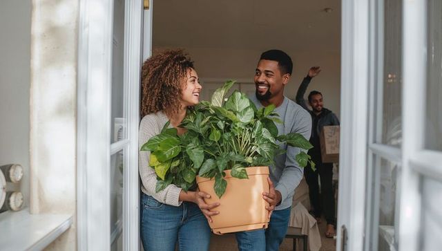 Smiling couple carrying large potted plant while moving into modern home entryway