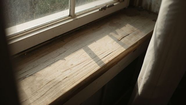 Sunlit worn wooden windowsill with curtain, textured glass and grid shadow
