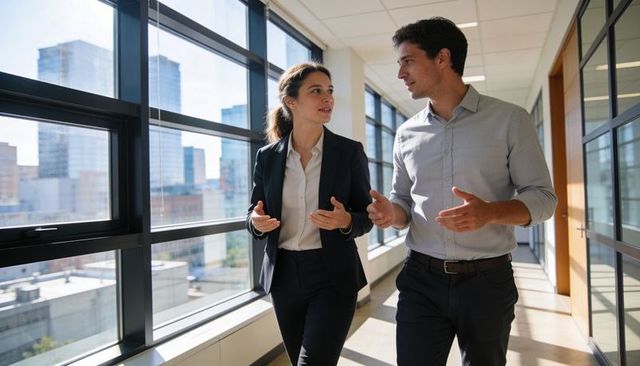 Business professionals walking and discussing in modern office corridor with city skyline