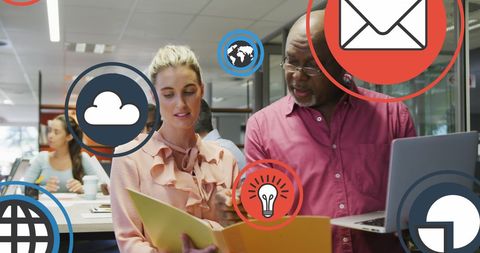 Collaborating on innovative ideas with futuristic digital overlays