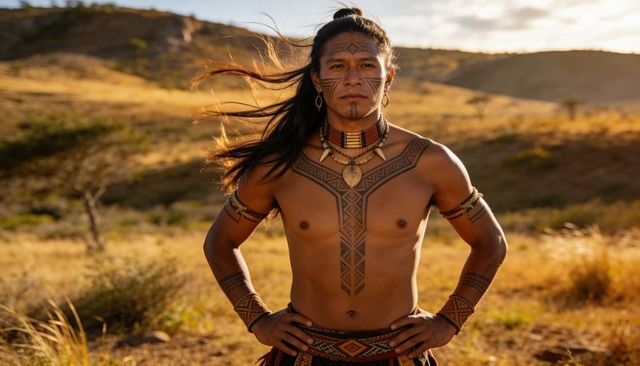 Tribal warrior standing in golden savanna at sunset with geometric tattoos and beads