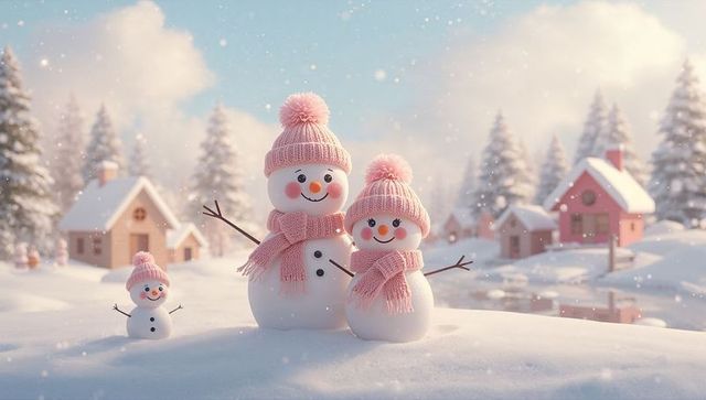 Smiling Snow Family Wearing Pink Knitted Hats and Scarves on Pastel Winter Village
