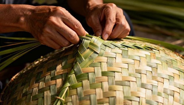 Hands weaving palm basket dome closeup handmade traditional basketry craft