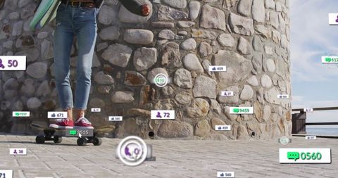 Skateboarder holding surfboard enjoying social media connectivity