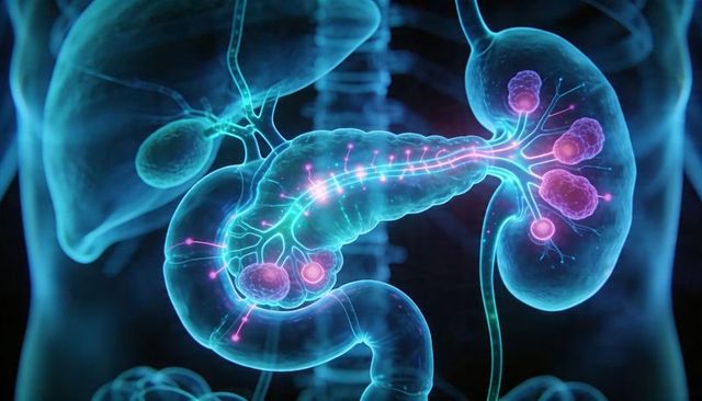 Neon 3D Pancreas and Kidneys with Glowing Ducts and Nodules Medical Anatomy Visualization