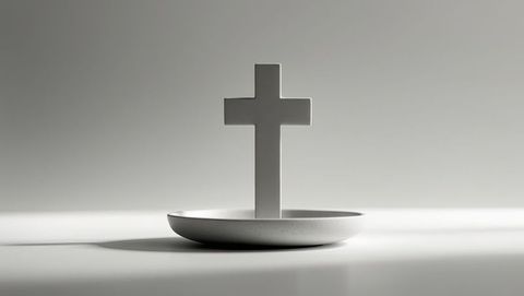 Minimal monochrome cross in round dish symbolizing spiritual serenity