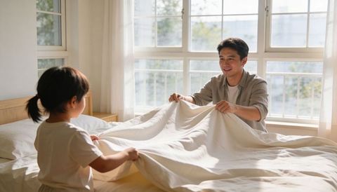 Father and daughter making bed together in sunlit bedroom, morning routine and family bonding