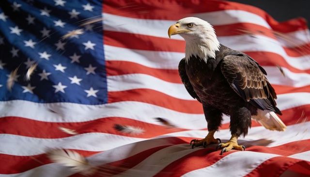 Perching bald eagle on american flag with dramatic lighting and drifting feathers