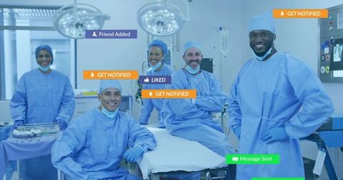 Diverse surgical team preparing operating room with social media notification overlays